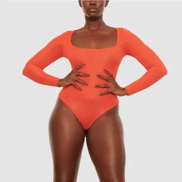 SKIMS Jelly Sheer Long Sleeve Bodysuit Poppy Square Neck XL - Picture 3 of 8